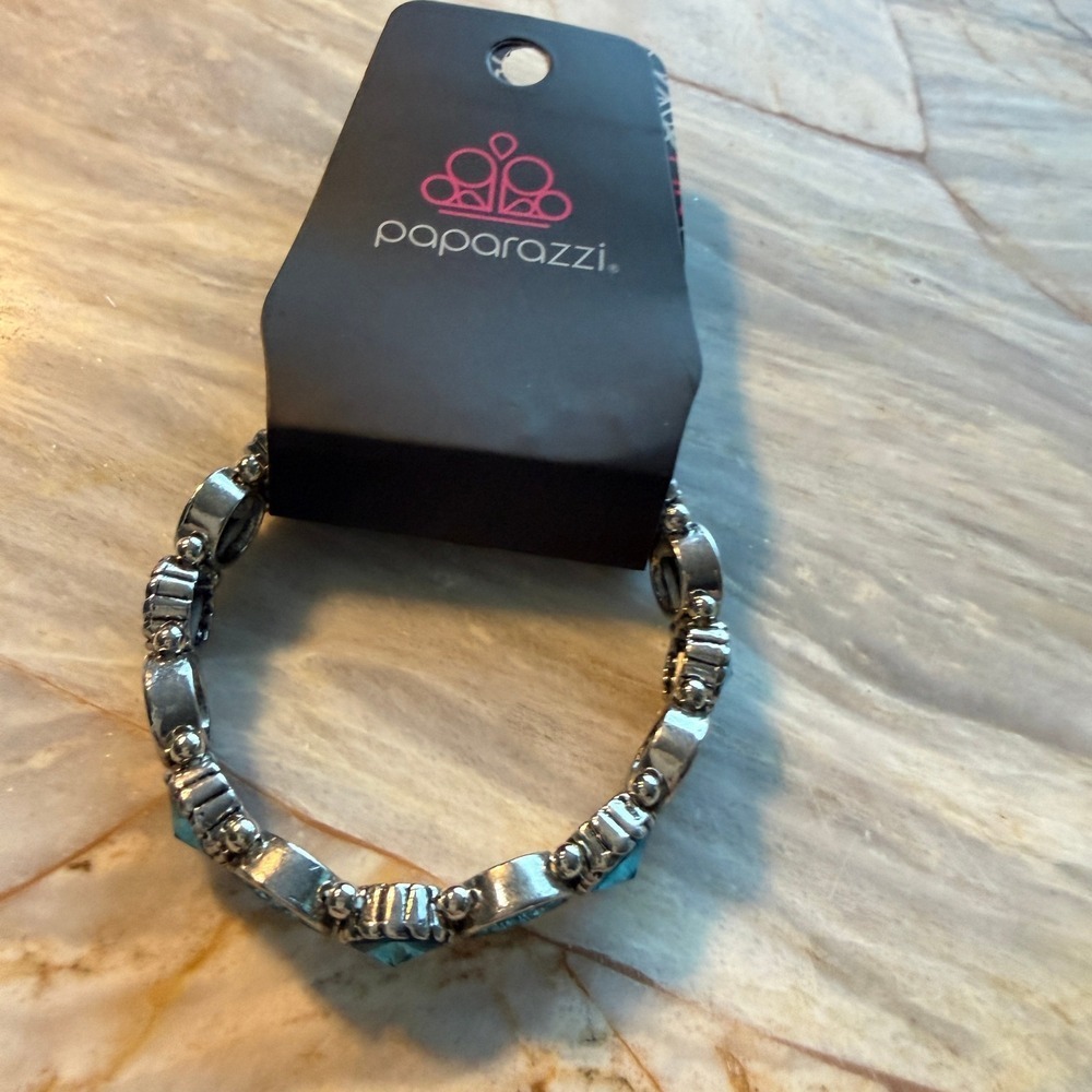 Paparazzi‎ Take A Moment To Reflect Blue Bracelet Stretch Rhinestone Silver Tone